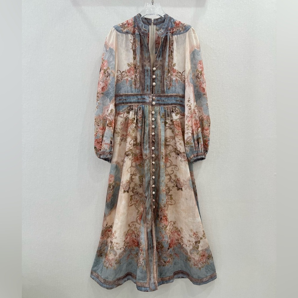 Zimmermann Pastel Blue and Cream Floral Long Sleeve Midi Dress